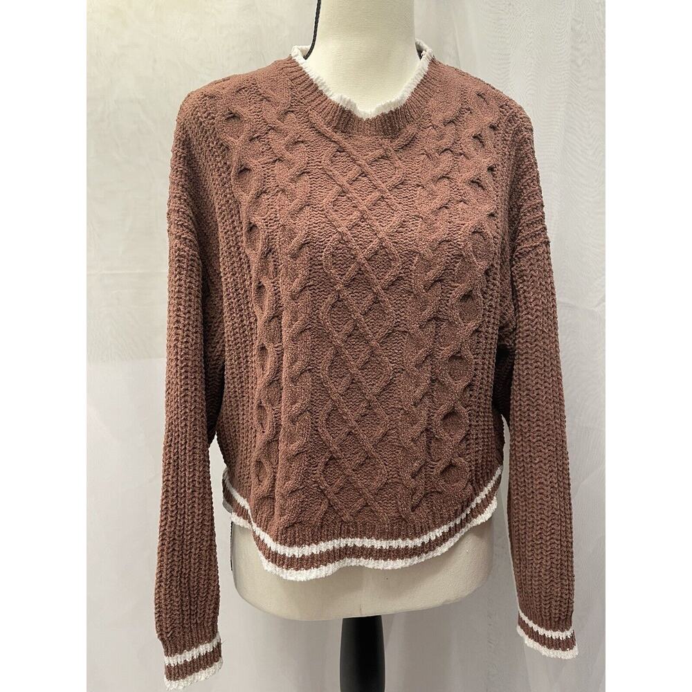Moral Society Juniors Women XL Cropped Sweater Brown/Ivory